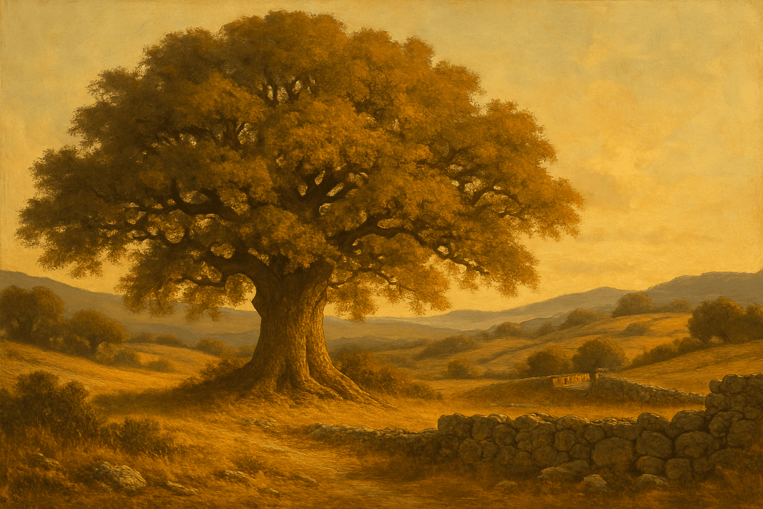 Carvalho majestoso em paisagem iberica medieval, representando a origem do sobrenome Carvalho em Portugal